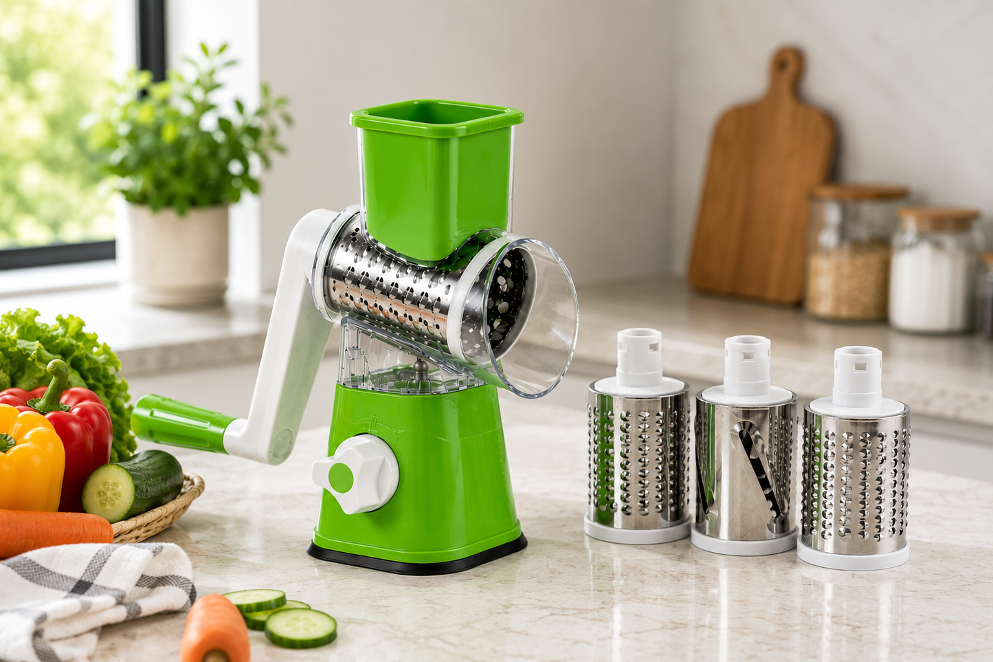 Kaddu Kash Machine - 3-in-1 Manual Drum Cheese Grater | Rotary Vegetable Slicer & Shredder