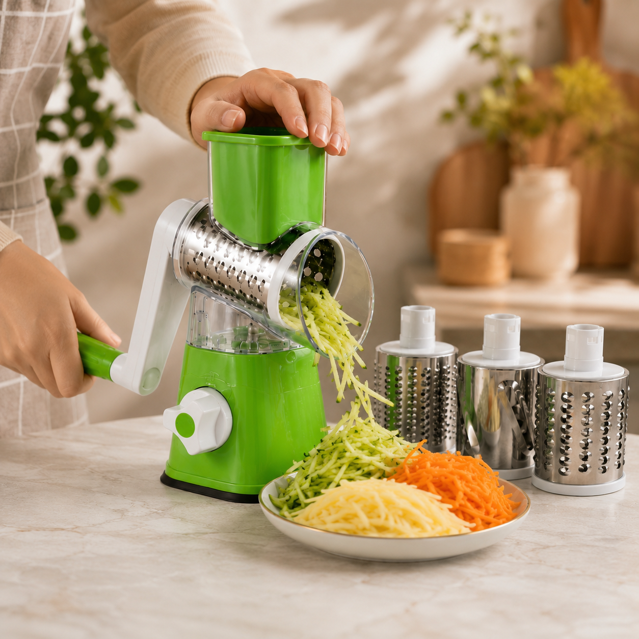 Kaddu Kash Machine - Manual Tabletop Drum Cheese Grater, 3 in 1 Rotary Shredder Slicer Grinder for Cucumber Nut Potato Carrot Cheese, Vegetable Salad ,Green vegetable drum cutter drum vegetable slicer drum cutter for vegetables rotary vegetable slicer